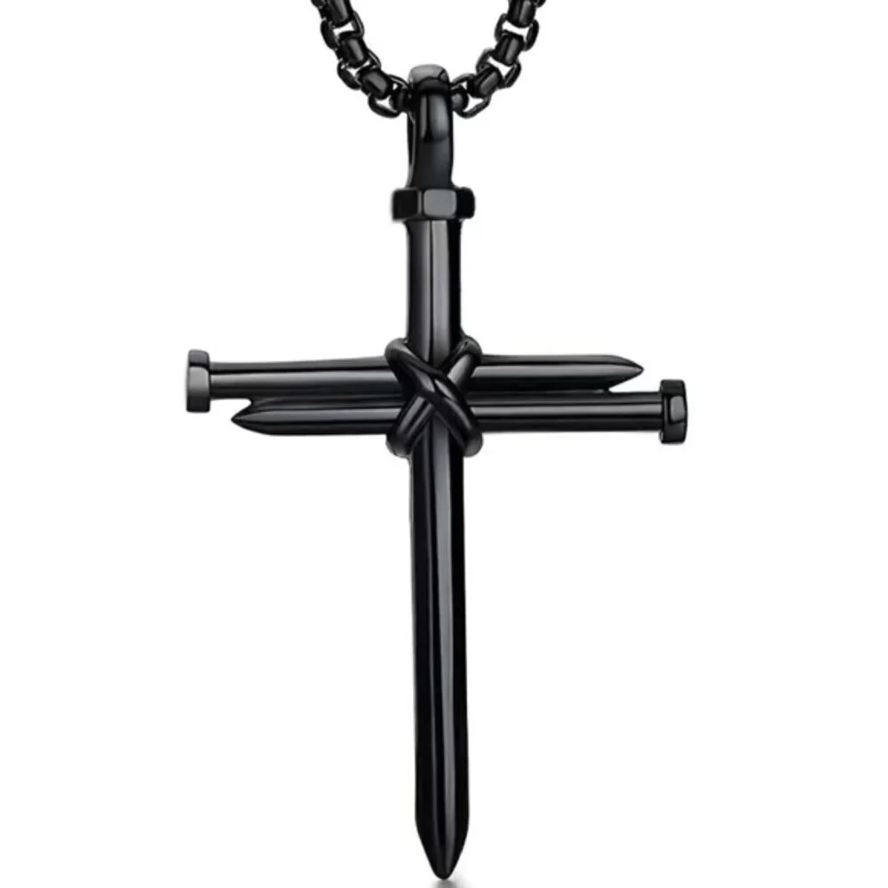 Cross 3 Nail Necklace Statement Piece Pendant Chain and Gift Pouch Black